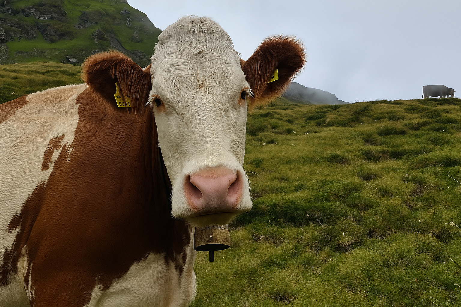 Eine Kuh steht auf einer grünen Wiese. Im Hintergrund sind weitere Kühe und sanfte Hügel zu sehen.