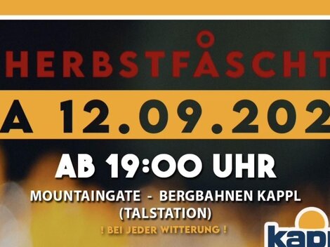 Ein Flyer für das Herbstfest am 12. September 2026. Das Event findet ab 19:00 Uhr an der Talstation der Bergbahnen Kappl statt.