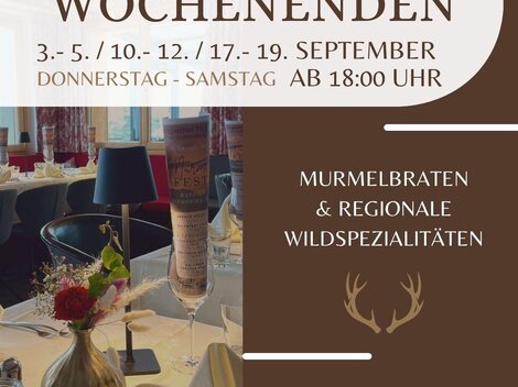 Ein einladendes Plakat für die Murmelwochenenden im Berggasthof Piz Buin. Es informiert über spezielle Gerichte und Reservierungsmöglichkeiten.