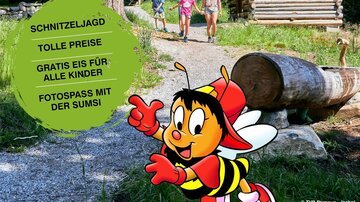 Ein fröhliches Event-Poster für eine Schnitzeljagd am Berg. Es zeigt eine Biene namens Sums und ist eine Einladung für Kinder mit Informationen zu Preisen und Aktivitäten.