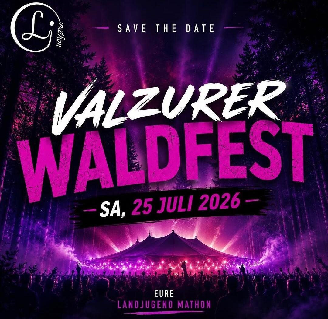 Ein Plakat für das Valzurer Waldfest am 26. Juli 2025. Es zeigt Details zu Eintrittspreisen, einem kostenlosen Shuttle und einer Party mit DJ.