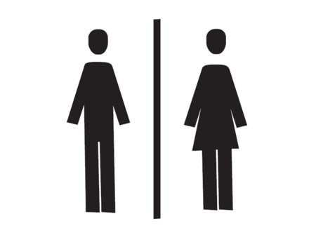 Ein Symbol für Männer- und Frauen-Toiletten. Es zeigt zwei stilisierte Figuren, eine männlich und eine weiblich, getrennt durch eine Linie.