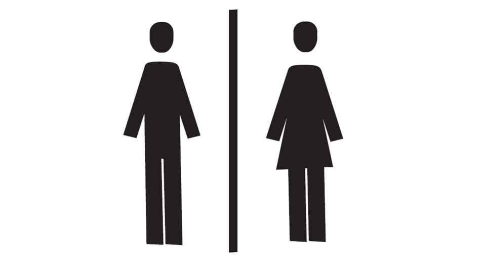 Ein Symbol für Männer- und Frauen-Toiletten. Es zeigt zwei stilisierte Figuren, eine männlich und eine weiblich, getrennt durch eine Linie.