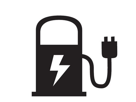 Eine stilisierte Abbildung einer Ladestation für Elektrofahrzeuge. Sie zeigt eine Säule mit einem Stromstecker und einem Blitzsymbol.