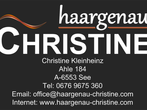 Eine Visitenkarte mit den Kontaktdaten von Christine Kleinheinz. Sie zeigt den Namen "haargenaus" und umfasst Adresse, Telefon, E-Mail und Internetseite.