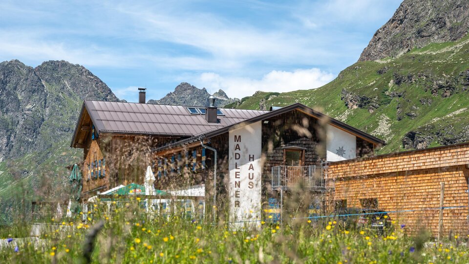 A rustic house surrounded by green mountains and colorful meadow flowers. In the foreground, there are blooming meadows, and in the background, majestic mountains are visible.