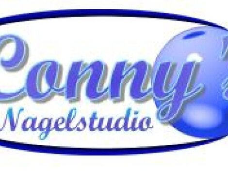 Ein Logo für Conny's Nagelstudio. Es enthält den Schriftzug in blauer Schrift und eine stilisierte Kugel.