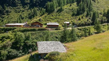A picturesque mountain landscape with green meadows and forests. In the foreground, a cabin can be seen, while in the background, additional buildings stand.