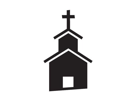 Eine stilisierte Kirche mit einem Kreuz auf dem Dach. Die Darstellung ist einfach und in Schwarz gehalten.