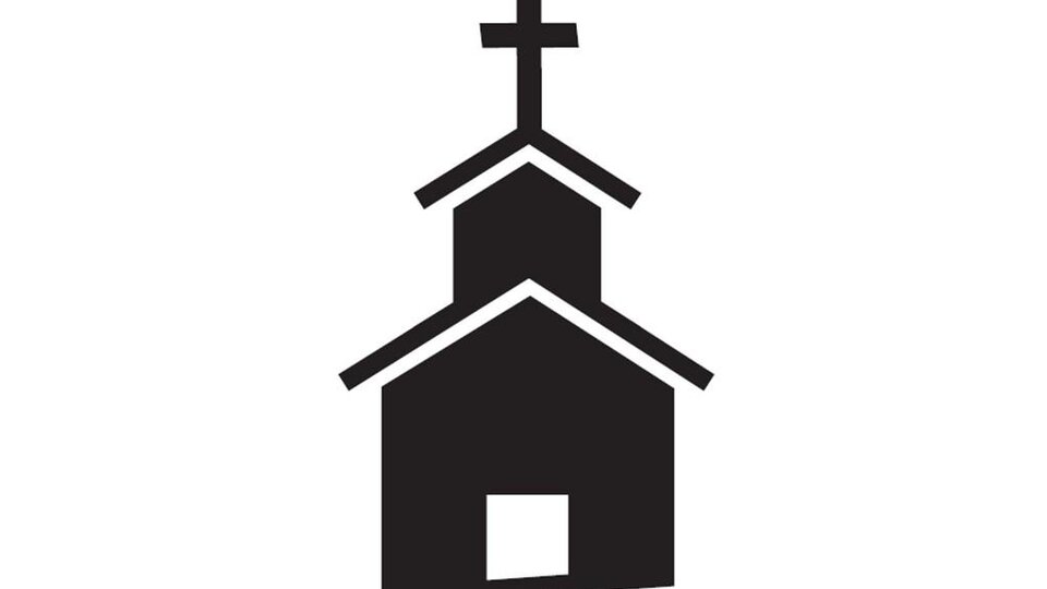 Eine stilisierte Kirche mit einem Kreuz auf dem Dach. Die Darstellung ist einfach und in Schwarz gehalten.