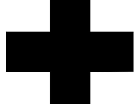 A black cross on a white background. It often symbolizes medical assistance or emergency services.
