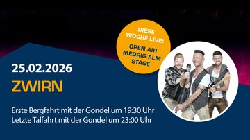 An event titled "Zwirn" on February 25, 2026. The first cable car ride begins at 7:30 PM and the last one at 11:00 PM.