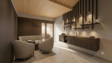 A modern room with a wooden ceiling and elegant furnishings.  
Cozy armchairs and a stylish shelf create an inviting atmosphere.