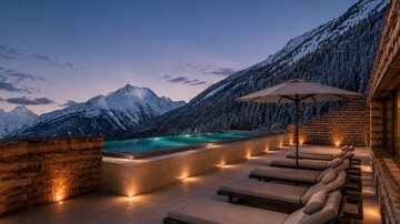 A stylish spa with loungers and a pool, surrounded by snow-covered mountains. The atmosphere is calm and relaxing at twilight.